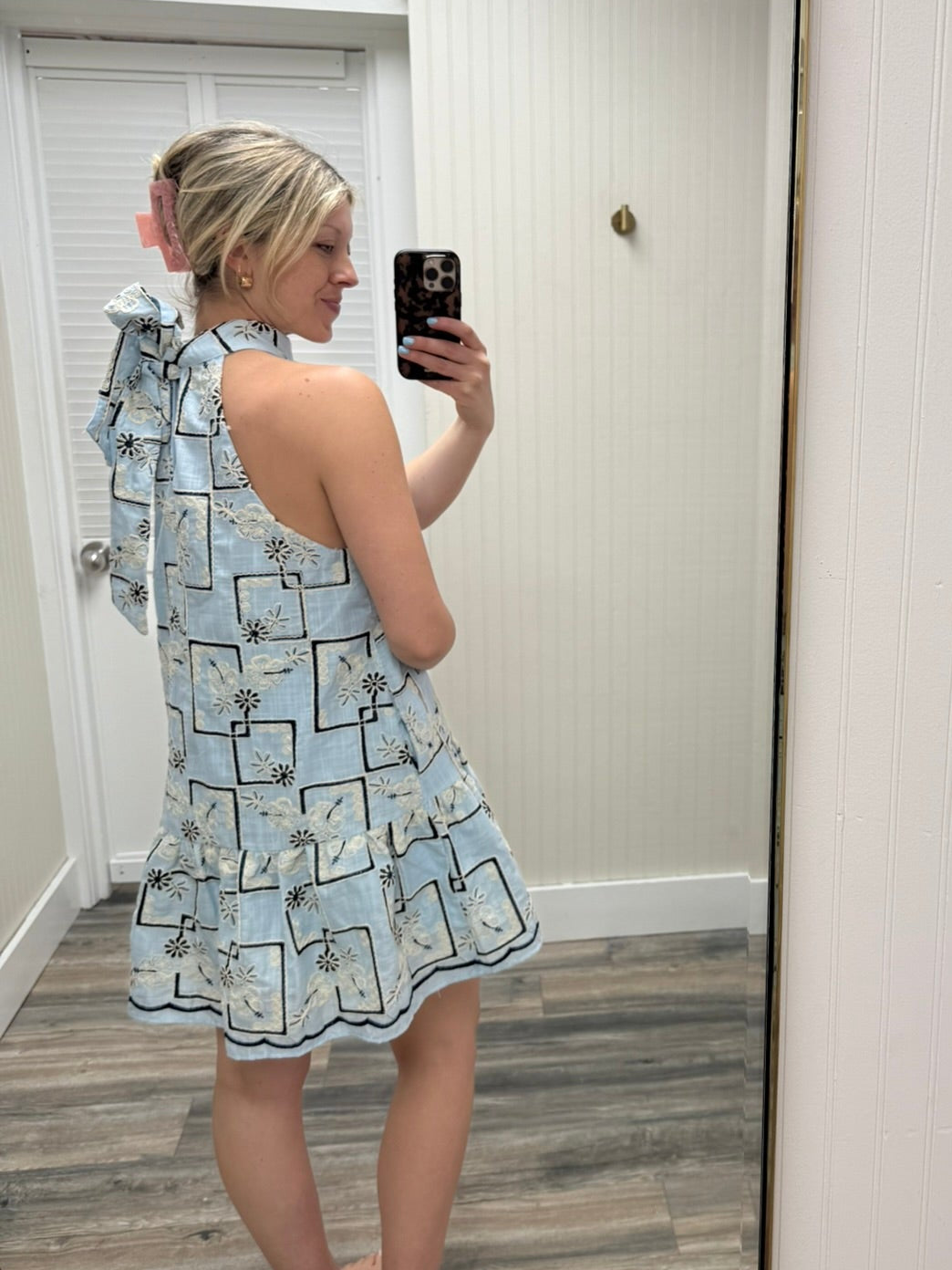 Embroidered Tie Back Halter Dress