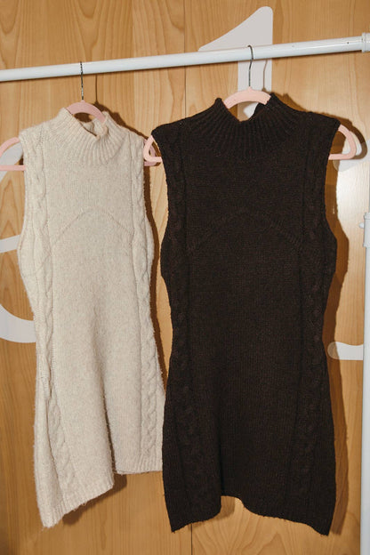 SLEEVELESS MOCK NECK CABLE SWEATER MINI DRESS