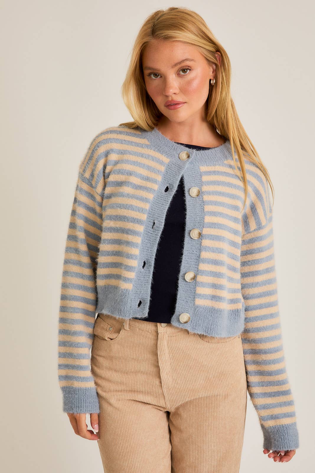 CREW NECK STRIPED CROPPED SWEATER CARDIGAN