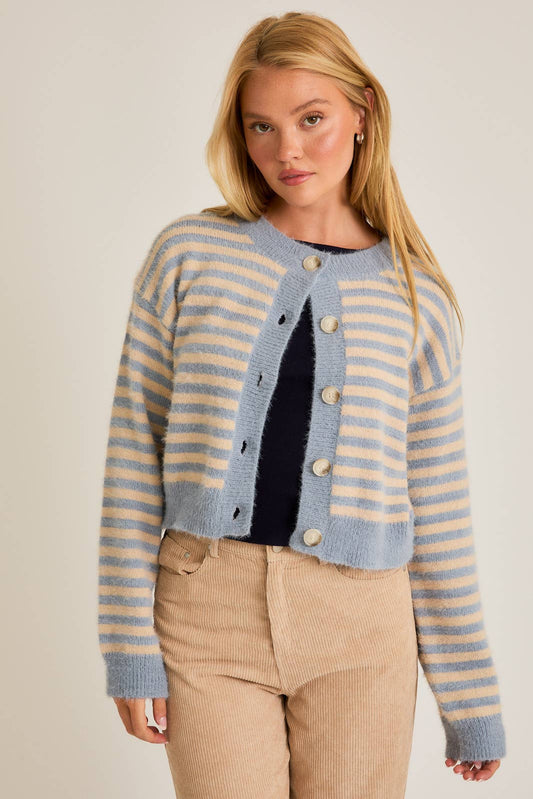 CREW NECK STRIPED CROPPED SWEATER CARDIGAN
