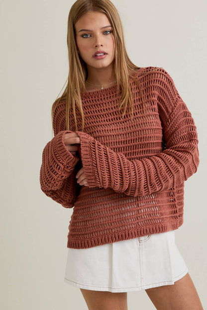 BOAT NECK OPENWORK SWEATER TOP
