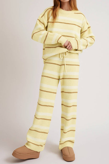 LONG SLEEVE STRIPE SWEATER TOP WITH WIDE LEG SWEATER PANTS