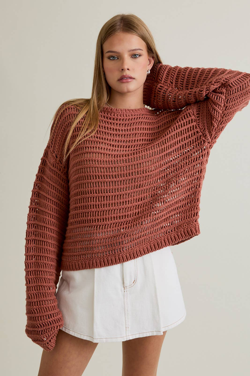 BOAT NECK OPENWORK SWEATER TOP