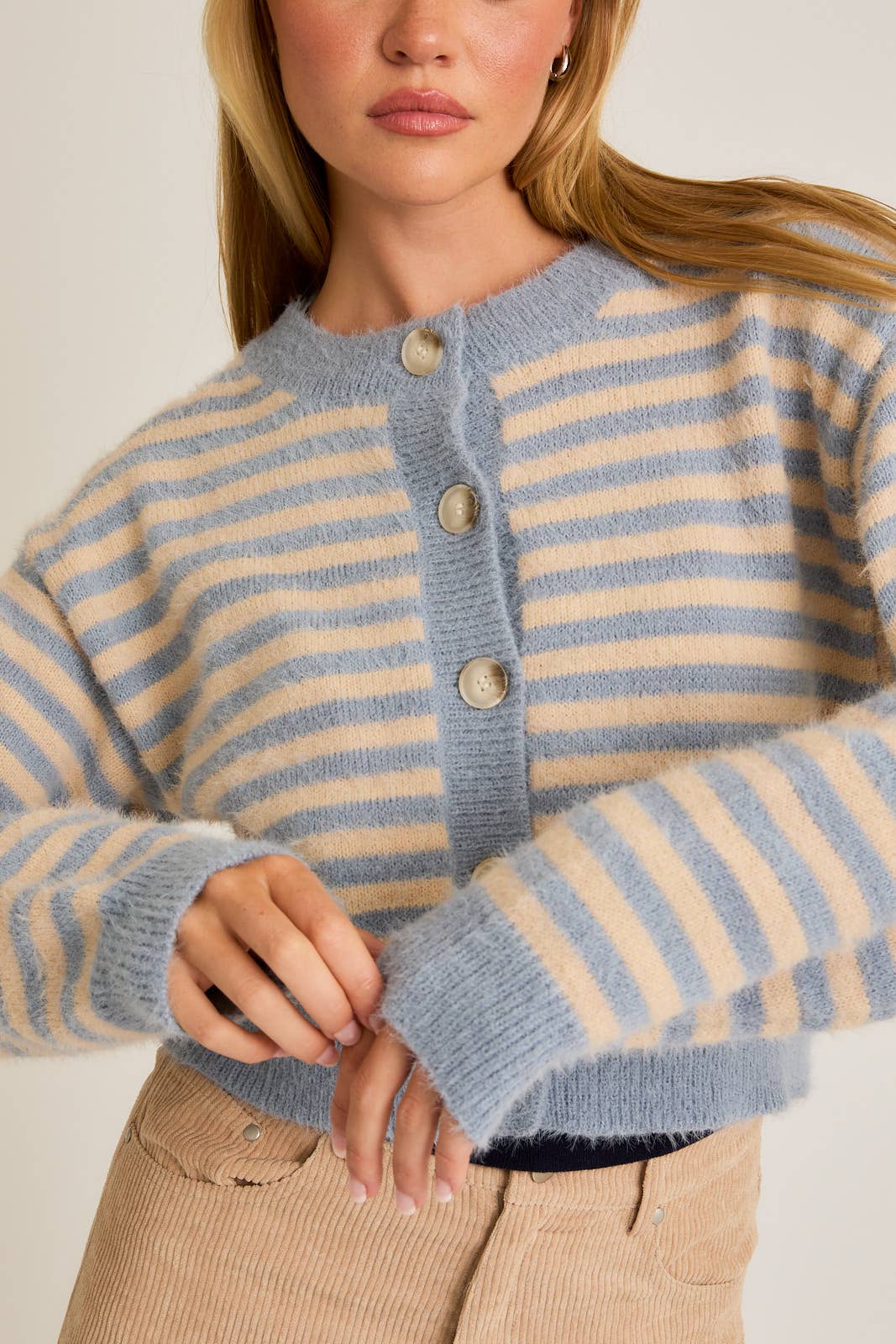 CREW NECK STRIPED CROPPED SWEATER CARDIGAN