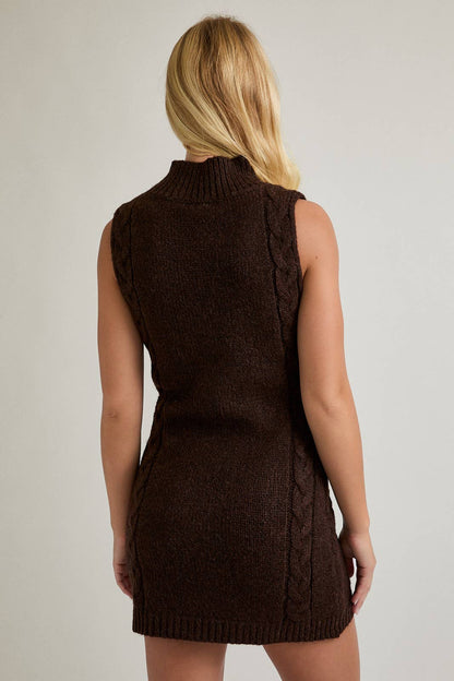 SLEEVELESS MOCK NECK CABLE SWEATER MINI DRESS