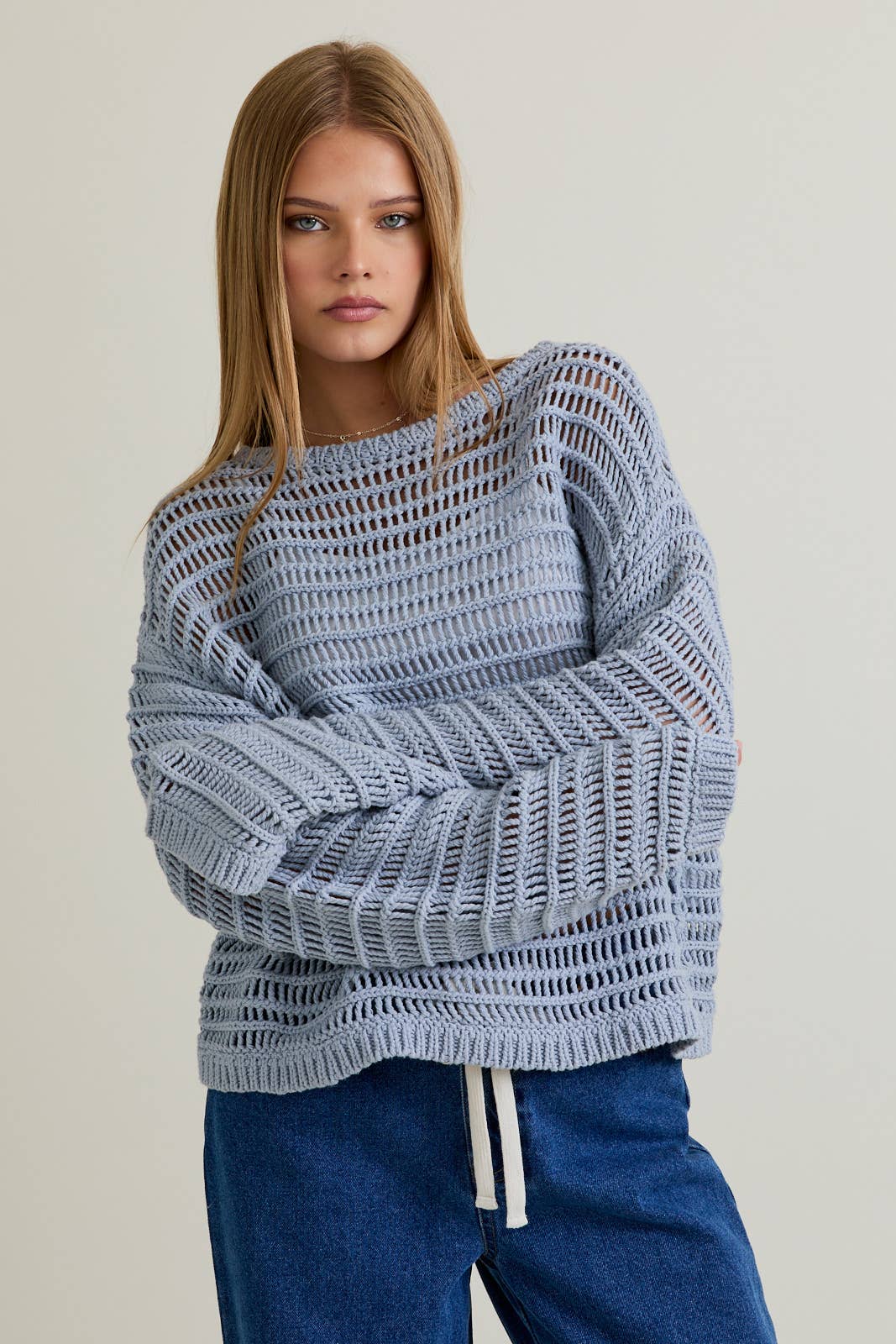 BOAT NECK OPENWORK SWEATER TOP