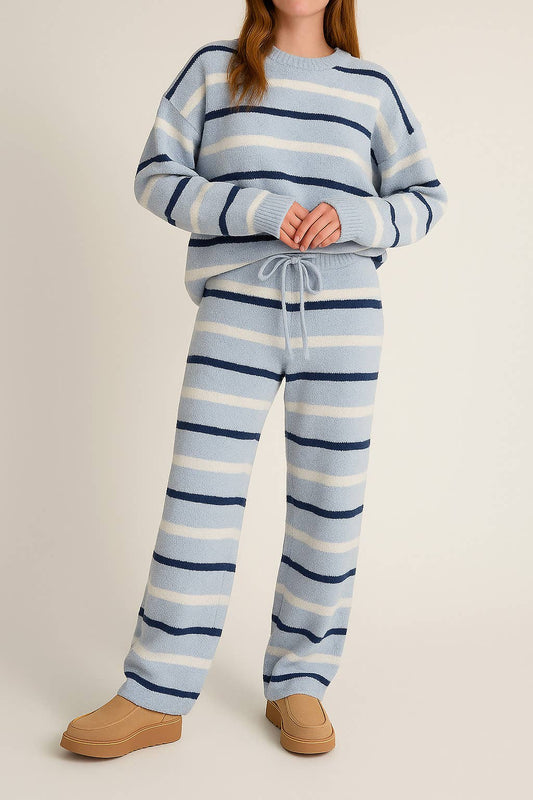 LONG SLEEVE STRIPE SWEATER TOP WITH WIDE LEG SWEATER PANTS