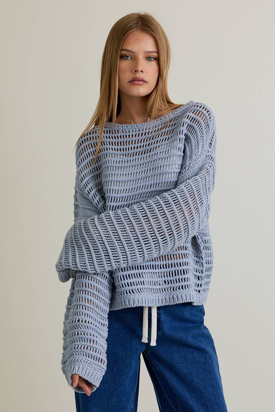 BOAT NECK OPENWORK SWEATER TOP